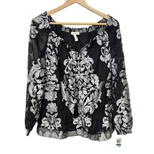 Charter Club Women’s L Chiffon Overlay Long Sleeve Blouse Tassel Smocked Neck